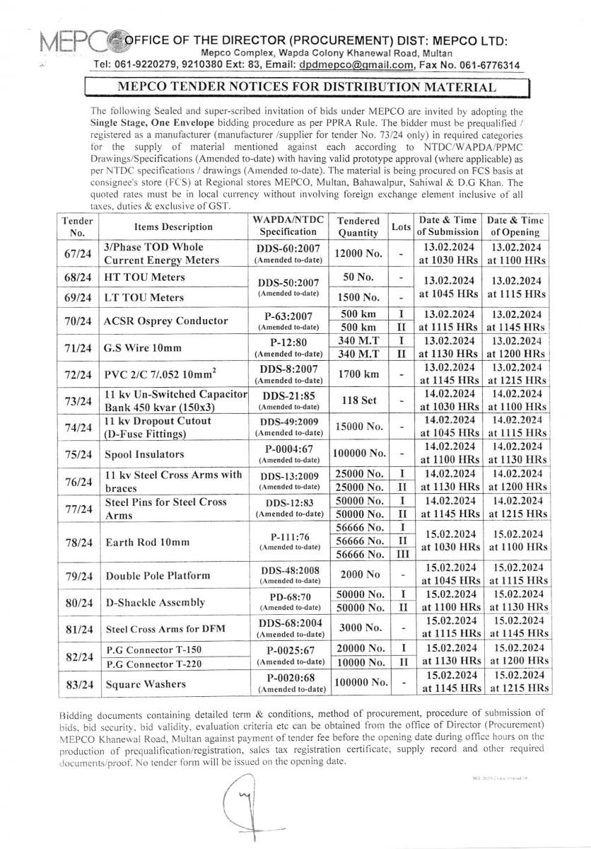 Tender Notices For The Procurement Of Distribution Material. Detail In ...